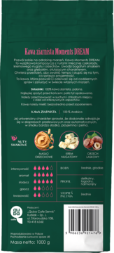 Zielona torba kawy ziarnistej Moments DREAM 1000g, z nutami nugatowymi i orzechowymi, widok z przodu.