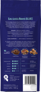 Tył opakowania kawy ziarnistej Moments BALANCE 1kg, 80% Arabica/20% Robusta, z nutami czekolady, korzennymi i orzechowymi.