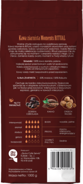 Tył brązowego opakowania kawy ziarnistej Moments RITUAL 1000g, z opisem smaku czekolady, kakao i orzecha.