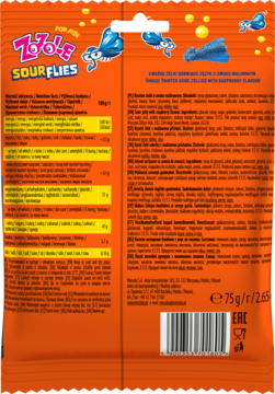Tył pomarańczowego opakowania kwaśnych żelek Zozole Sour Flies 75g, widoczne etykiety i składniki.