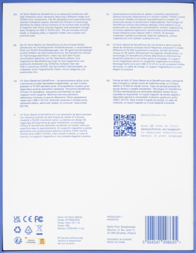 Tył biało-niebieskiego opakowania szczoteczki sonicznej DentalForce UV SonicBestie, widoczne teksty, QR i barcode.