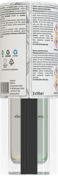 Tył opakowania dyfuzora dwukomorowego Kwiat jabłoni & Cytrusy, z polskim opisem, recyklingiem i butelkami 2x50ml.