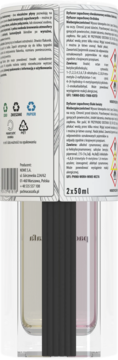 Tył opakowania dwukomorowego dyfuzora Orchidea & Białe Kwiaty 2x50ml, widoczne dwie komory z płynami, polski tekst.