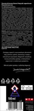 Tył czarnego opakowania Dorota & Aroma Home Patyczki zapachowe 100ml. Biały tekst, symbole recyklingu i ostrzeżeń.
