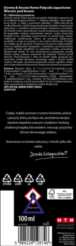 Tył czarnej etykiety Dorota & Aroma Home Patyczki zapachowe 100ml, opis składu, ostrzeżenie o łatwopalności.