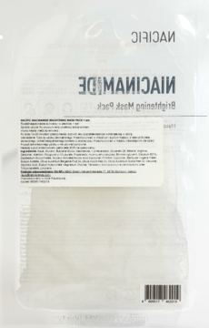 Tył przezroczystej saszetki Nacific Niacinamide Brightening Mask Pack z białą etykietą ze składnikami.