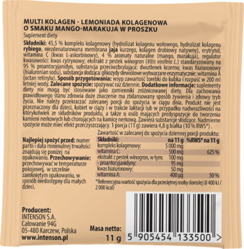 Tylna strona saszetki Intenson Multi Kolagen Lemoniada Mango-Marakuja, z listą składników i kodem kreskowym.