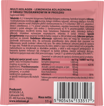 Tył różowej saszetki Intenson Multikolagen Limonada Truskawkowa z tabelą składników, dawkowaniem i kodem kreskowym.