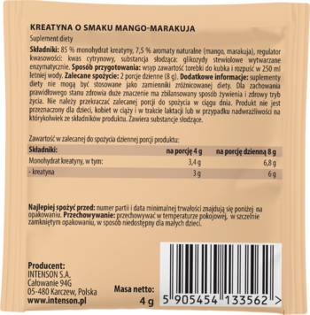 Tył brązowej saszetki kreatyny Intenson mango-marakuja 4g, widoczne dane producenta i skład.