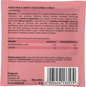 Tył różowej saszetki kreatyny o smaku truskawka-arbuz, widoczne szczegóły tekstu, skład i kod kreskowy.