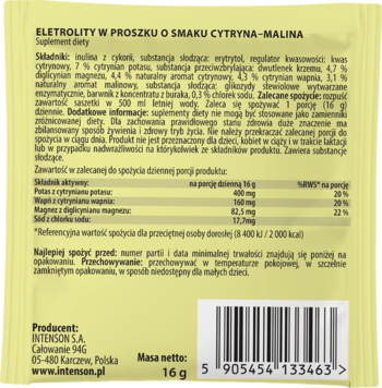 Tył jasnozielonej saszetki Intenson Elektrolity w proszku cytryna-malina 16g, z tabelą składników i kodem.