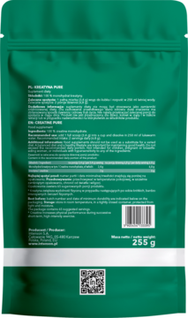 Tył zielonej torebki Kreatyna Pure 255g. Widoczne szczegóły etykiety z polskim i angielskim opisem oraz kod kreskowy.
