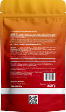 Tył opakowania Intenson Kreatyna Monohydrat mango-marakuja, 260g, pomarańczowo-czerwona saszetka z danymi.