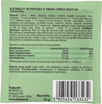 Tył zielonego opakowania elektrolitów Intenson o smaku arbuz-bazylia, z tabelą wartości i kodem kreskowym.