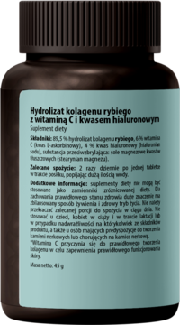 Tył ciemnej butelki suplementu kolagen rybi z witaminą C, kwas hialuronowy. Na zielonej etykiecie opis i skład.