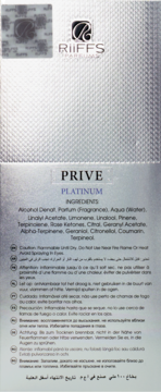 Tył srebrnego, teksturowanego opakowania Riiffs Prive Platinum Silver, 100 ml, z listą składników i ostrzeżeniami.
