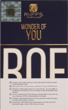 Dark blue front of Riiffs Wonder Of You men's perfume box, gold text, white 'BOE', holographic sticker.