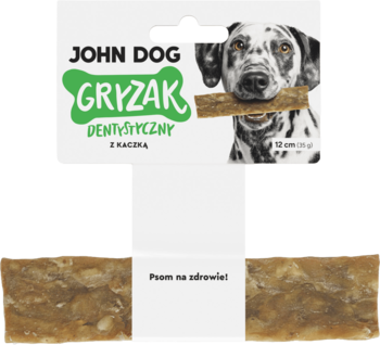 Gryzak dentystyczny John Dog z kaczką i algami, opakowanie z psem oraz dwa brązowe, twarde przysmaki.