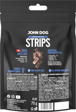 Tył czarnego opakowania John Dog Soft Bites Strips z jagnięciną 95%, 70g. Widoczny opis i skład produktu.