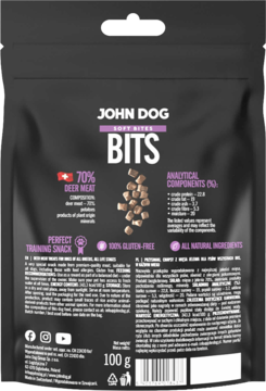 Tył czarnego opakowania John Dog Soft Bites Bits, przysmaki dla psa 100g, 70% mięsa z jelenia.