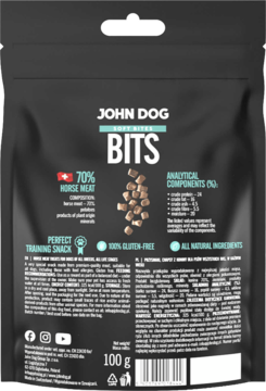 Tył czarnej torebki John Dog Soft Bites Bits z 70% koniny, półwilgotne smaczki treningowe dla psa.
