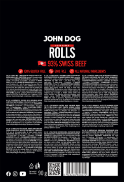 Czarna saszetka John Dog Rolls 93% Swiss Beef, przysmaki dla psa, bez glutenu, widok z przodu, 90g.