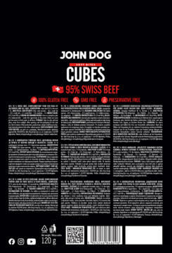 Czarne opakowanie przysmaków John Dog Soft Bites Cubes, tył z etykietą 95% wołowiny i informacjami.