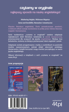 Tył okładki książki z serii 'czytamy w oryginale' na purpurowym tle, dwujęzyczne adaptacje do nauki angielskiego.