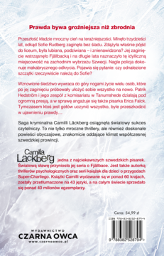 Tył okładki kryminału Camilli Läckberg, gradient fioletu, z opisem fabuły i cytatem „Prawda bywa groźniejsza niż zbrodnia”.
