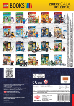 Tylna okładka książki LEGO BOOKS. Kolekcja 16 kolorowych książek LEGO z minifigurkami. Na dole QR kod i ISBN.