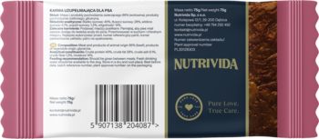 Tył różowego opakowania Nutri Bar Protein Bar z wołowiną Nutrivida. Biała etykieta ze składem, kodem kreskowym.