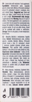 Tył opakowania Vilgain Melatonina w sprayu, suplement z melisą i melatoniną, widoczne etykiety EN, CZ, PL oraz kod kreskowy.
