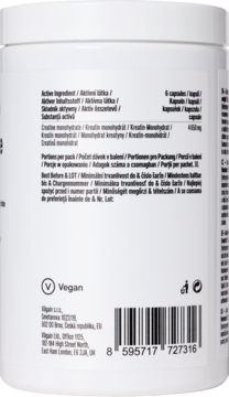 Tył białego pojemnika Vilgain Kreatyna Monohydrat, widoczny skład, logo Vegan i kod kreskowy.