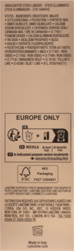 Tylna strona opakowania rozświetlacza w sztyfcie Lancôme, z listą składników, symbolami recyklingu i certyfikatem FSC.
