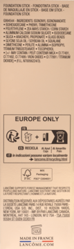 Tył opakowania podkładu Lancôme w sztyfcie, lista składników, instrukcje recyklingu, Made in France.