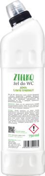 Biała butelka żelu ZIELKO do WC Jaśmin i kwiat pomarańczy 750ml, widok z przodu, z zielonymi napisami.