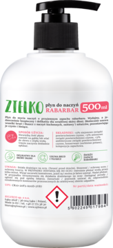 Tył białej butelki Zielko Płynu do naczyń Rabarbar 500ml z czarną pompką, widoczne skład i ostrzeżenia.