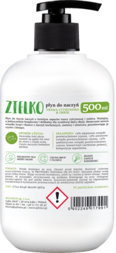 Tył butelki płynu do naczyń Zielko Trawa Cytrynowa Imbir 500ml z listą składników i ostrzeżeniami.