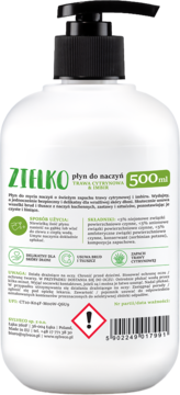 Tył białej butelki Zielko Płyn do naczyń Trawa Cytrynowa i Imbir 500ml z czarną pompką i etykietą ze składem.