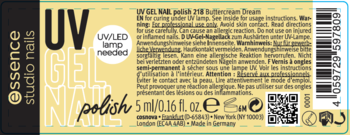 Etykieta essence UV GEL NAIL polish 218 Buttercream Dream, pastelowy żółty, wymaga lampy UV/LED, 5 ml.