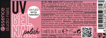 Tył opakowania lakieru Essence UV Gel Nail 219 Strawberry Milkshake z instrukcjami, kodem QR i EAN.