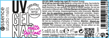 Tył etykiety essence UV GEL NAIL Matte Top Coat 5ml, widoczne instrukcje w kilku językach, kod QR i kreskowy.