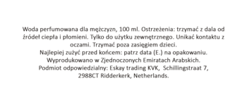 Polska etykieta: Woda perfumowana męska 100ml, ostrzeżenia, dane producenta Eskay Trading, ZEA.