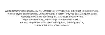 Etykieta wody perfumowanej Rayhaan Tonquin Giza 100ml. Czarny tekst na białym tle z opisem i ostrzeżeniami.