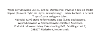 Tył opakowania wody perfumowanej unisex Rayhaan Pharaoh 100 ml, z polskim tekstem ostrzeżeń i danymi producenta.
