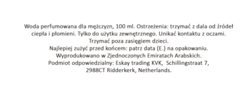 Etykieta Rayhaan Nocturno Elixir woda perfumowana dla mężczyzn 100ml. Polski opis, ostrzeżenia, producent, dystrybutor.
