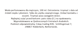 Biała etykieta z polskimi instrukcjami do perfum Lion Rayhaan 300ml: ostrzeżenia, pochodzenie ZEA, dane importera.