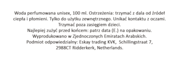 Tył opakowania wody perfumowanej unisex 100ml. Polska etykieta z ostrzeżeniami, krajem pochodzenia i dystrybutorem.