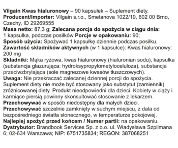 Tył opakowania suplementu Vilgain Kwas Hialuronowy z pełnym składem, dawkowaniem i ostrzeżeniami, na białym tle.