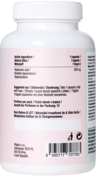 Tył białej butelki Vilgain Kwas Hialuronowy 200mg, z etykietą zawierającą skład, dawkowanie i kod kreskowy.